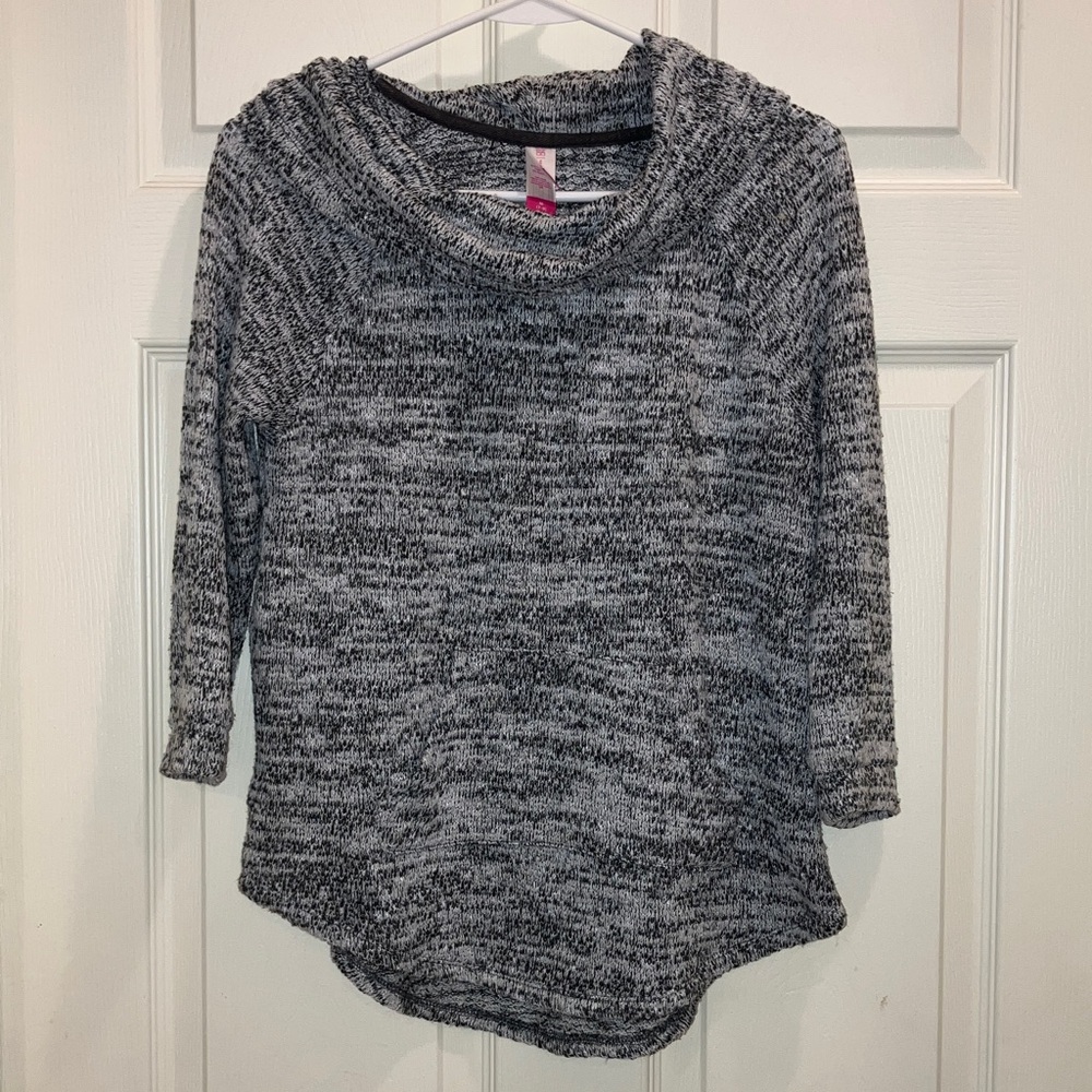 Cowl Neck Knit Sweater M Kangaroo Pocket Cozy Black Gray Like New Fall Winter